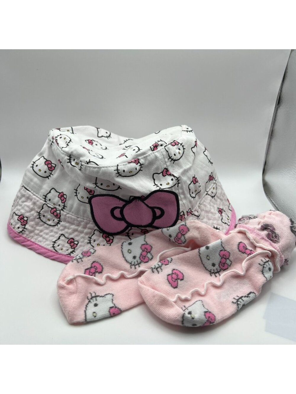 Hello Kitty Sanrio Bucket Hat & Pink Socks Set For Kids White & Pink 100% Cotton